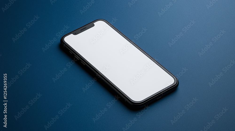 Floating smartphone mockup with blank white screen against deep blue background. Floating smartphone mockup with blank white screen against deep blue background.