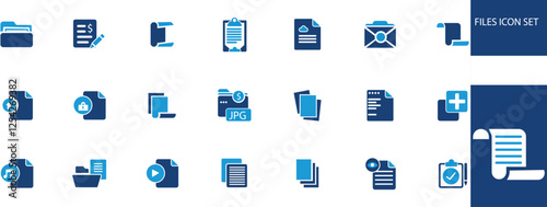 Files icon set. Containing document, notes, edit, write, folder, contract, add file, JPG and more. Solid vector icons collection.