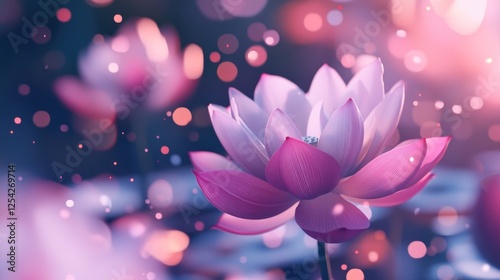 A beautiful pink lotus flower in soft focus with a dreamy, ethereal atmosphere. The background is filled with bokeh and sparkling lights, creating a magical and serene scene.
