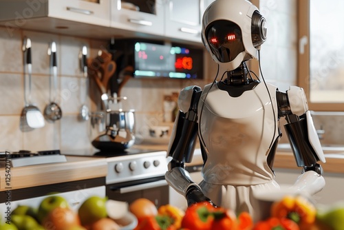 Robotic Chef in Smart Kitchen. A sleek, humanoid robot with glowing red eyes stands in a modern kitchen, preparing a meal amongst fresh produce.  The scene evokes a futuristic domestic setting.