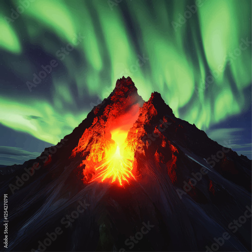 Stunning Vector Art of Erupting Volcano and Vibrant Aurora Borealis Against a Starry Night Sky - Perfect for Nature Enthusiasts and Photography Lovers