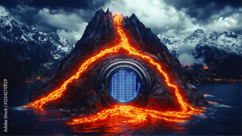 Futuristic Sci-Fi Volcano with Glowing Lava and Mysterious Portal Amidst Majestic Snowy Mountains and Oceanic Landscape Vector Image