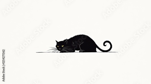 Black cat stealthily prowling on a white background, showcasing its hunting instincts