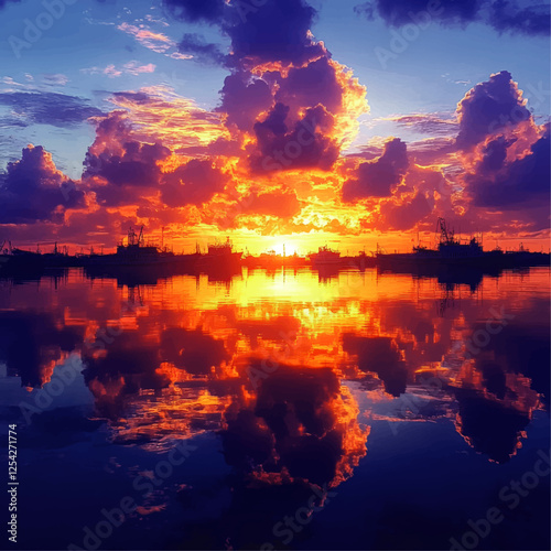 Spectacular Vibrant Harbor Sunset Reflection Over Tranquil Water Amidst Dramatic Orange and Purple Clouds Silhouette of Fishing Boats for Nautical Art Inspiration