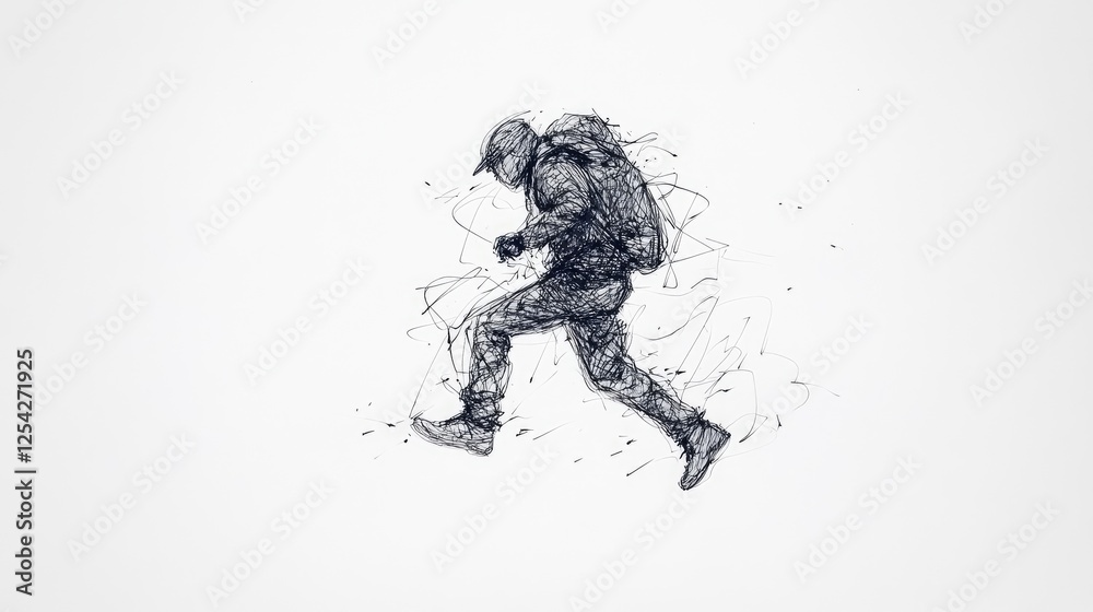 A dynamic sketch of a person in motion with a backpack, set against a minimalist background A dynamic sketch of a person in motion with a backpack, set against a minimalist background