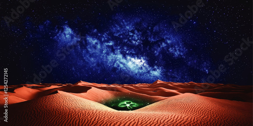 Vector Illustration: Stunning Desert Nightscape with Milky Way Galaxy and Glowing Green Illumination in Sand Dunes, Cosmic Desert Art, Starry Night Sky