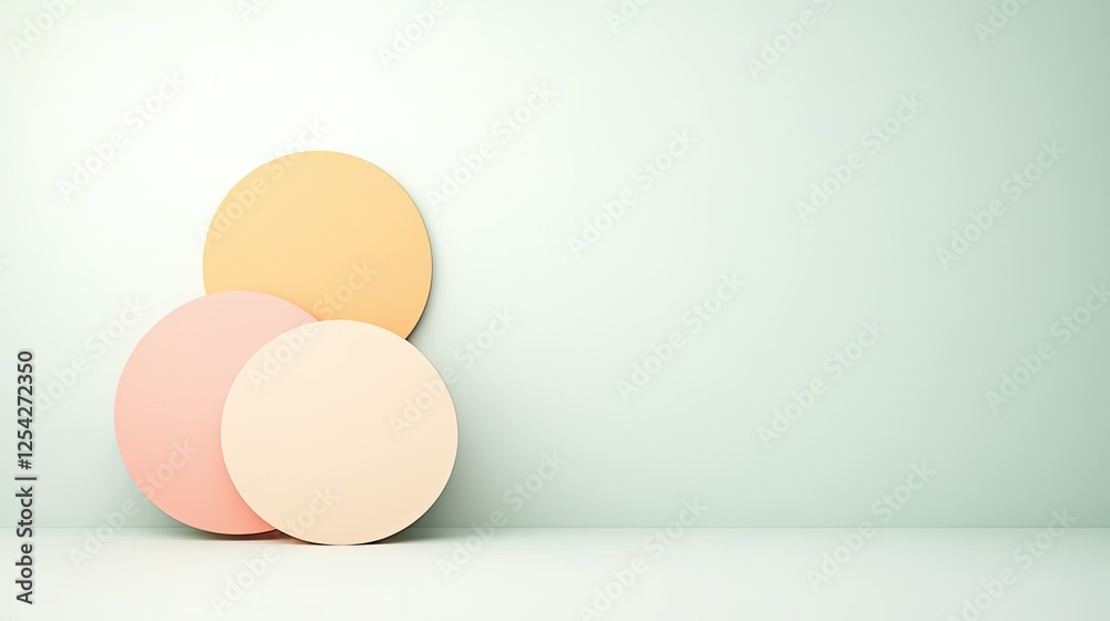 Abstract composition of three pastel circles against a soft green wall, minimalist design concept Abstract composition of three pastel circles against a soft green wall, minimalist design concept