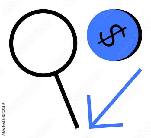 Magnifying glass, crossed-out dollar sign, and downward arrow. Ideal for financial assessment, economic analysis, market trends, cost reduction, budget planning, investment strategy profitability