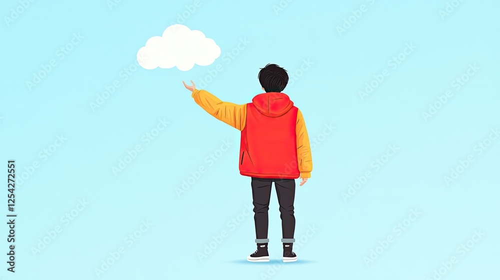 A young person in a colorful jacket reaching out to a cloud against a pastel blue background A young person in a colorful jacket reaching out to a cloud against a pastel blue background