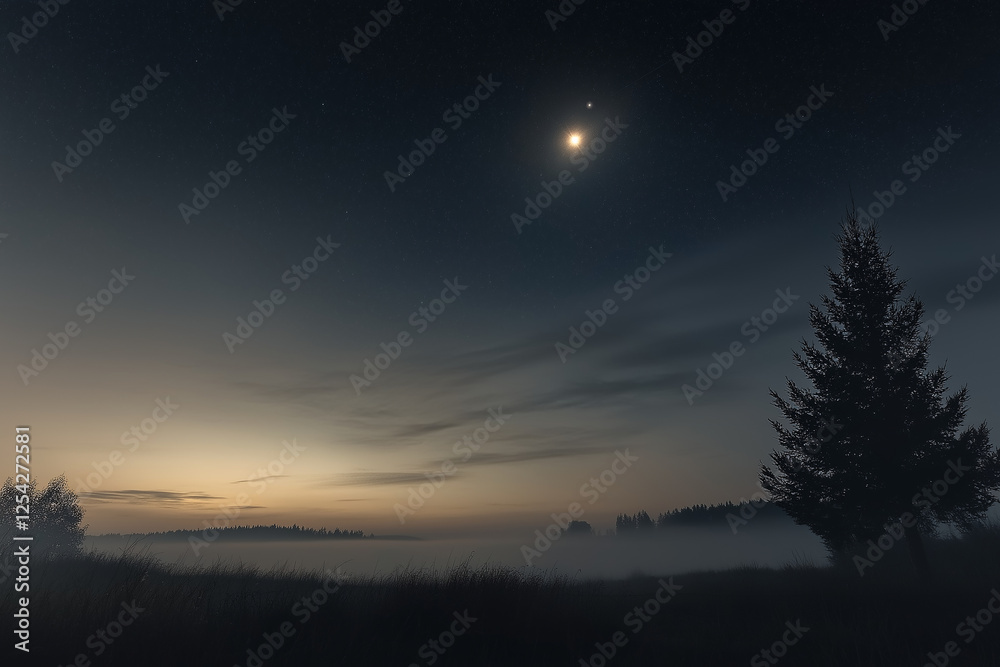 Fototapeta premium A misty night sky with the moon and stars