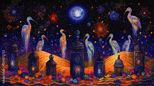 Vibrant Cosmic Night Scene with Colorful Herons, Celestial Lanterns, and Psychedelic Flowers in Enchanted Landscape Under Starry Sky - Surreal Fantasy Vector Art