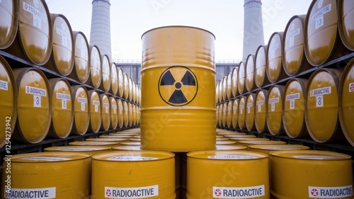 Yellow barrels marked with radioactive symbols in industrial storage area