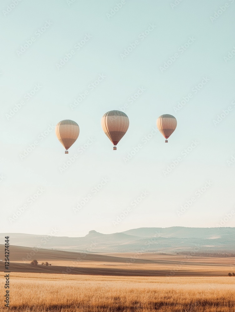 Obraz premium Hot air balloons gracefully floating above a serene field during a clear day. Generative AI