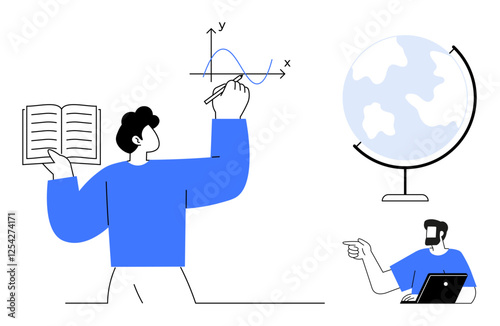 Teacher explaining mathematical graph while holding a book, student using a laptop and pointing at globe. Ideal for education, e-learning, distance learning, online courses, tutoring, knowledge
