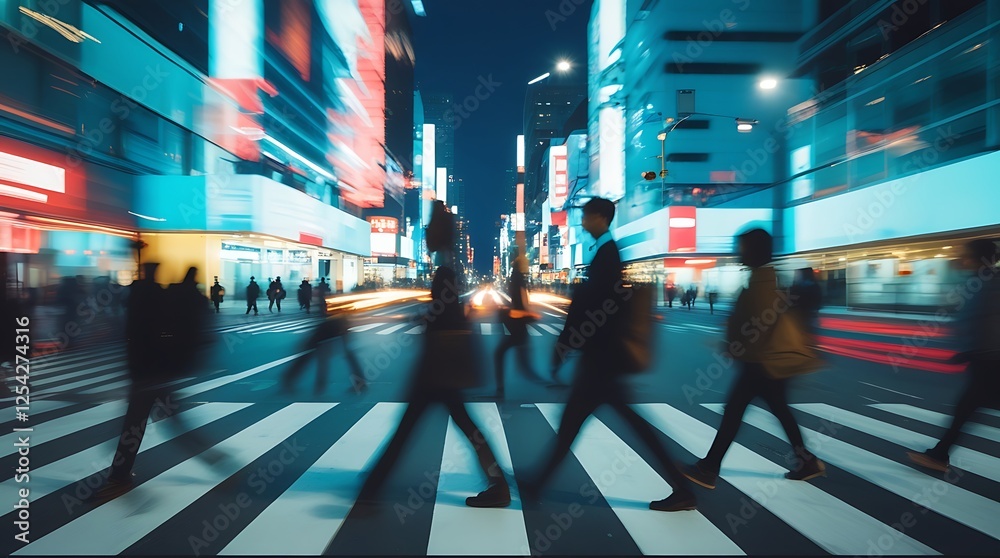 Nighttime urban scene showcasing blurred pedestrians crossing a glowing crosswalk under vibrant city lights. A perfect representation of modern life and bustling city vibes.
Nighttime urban scene showcasing blurred pedestrians crossing a glowing crosswalk under vibrant city lights. A perfect representation of modern life and bustling city vibes.