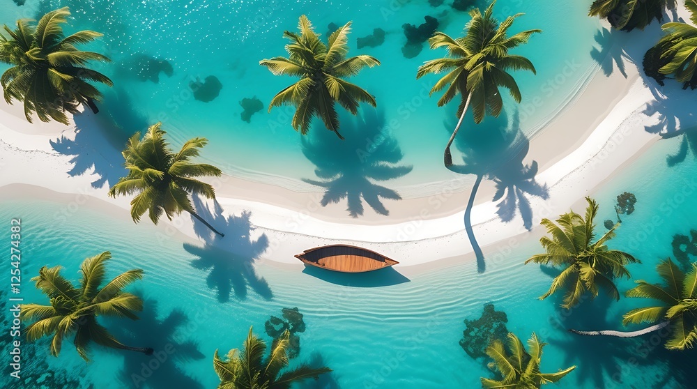 Aerial view of a tropical beach with turquoise waters, lush palm trees casting shadows, and a wooden boat floating peacefully. Perfect tropical paradise destination.
Aerial view of a tropical beach with turquoise waters, lush palm trees casting shadows, and a wooden boat floating peacefully. Perfect tropical paradise destination.
