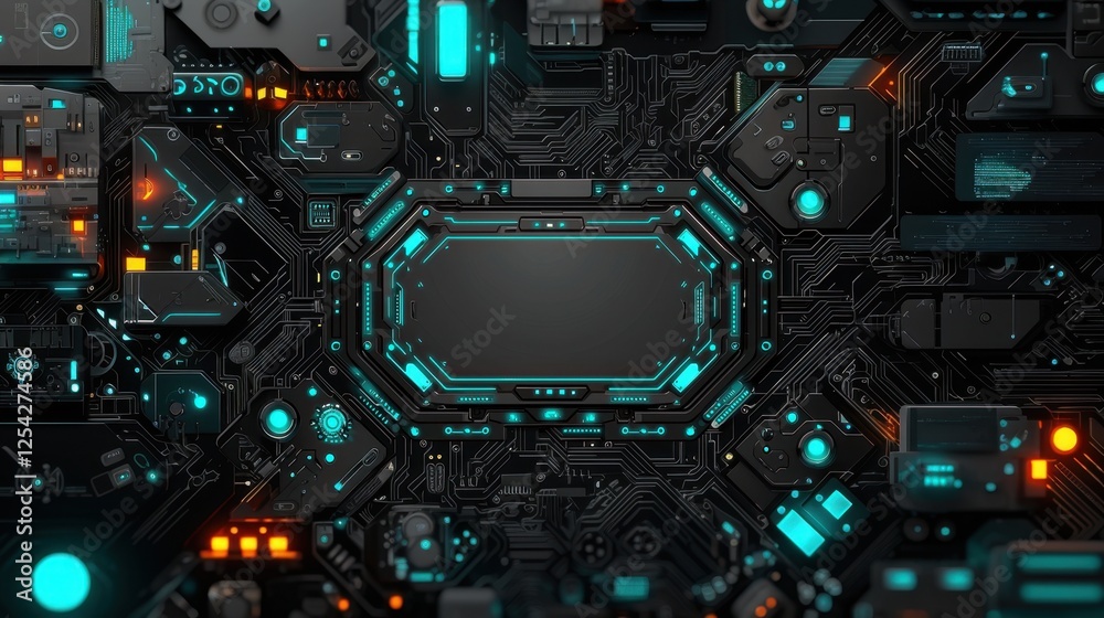 Fototapeta premium Futuristic circuit board design with glowing blue and orange elements