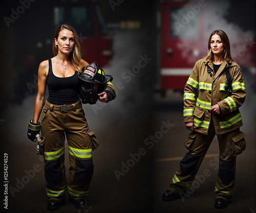female fire fighter. Woman in predominantly male jobs. Generative AI