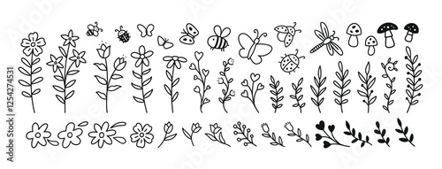set of flowers, insects, mushrooms and vegetation in doodle style. Vectors isolated on white background for banners, cards, prints, and assorted designs..eps
