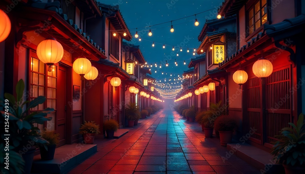 A Serene Nighttime Scene of Traditional Asian Streets Lit by Lanterns and Festive Lights A Serene Nighttime Scene of Traditional Asian Streets Lit by Lanterns and Festive Lights