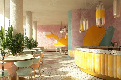 A brightly colored restaurant with a yellow bar and pink walls