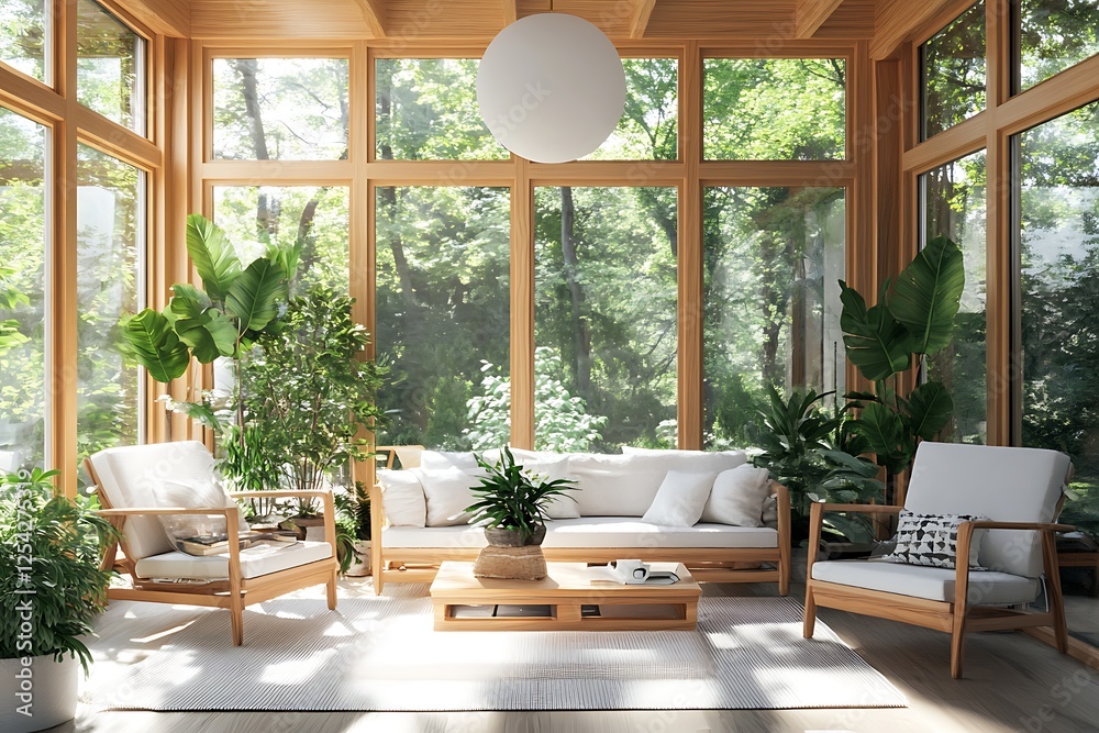 Obraz premium modern sunroom with indoor plants and natural wood furniture
