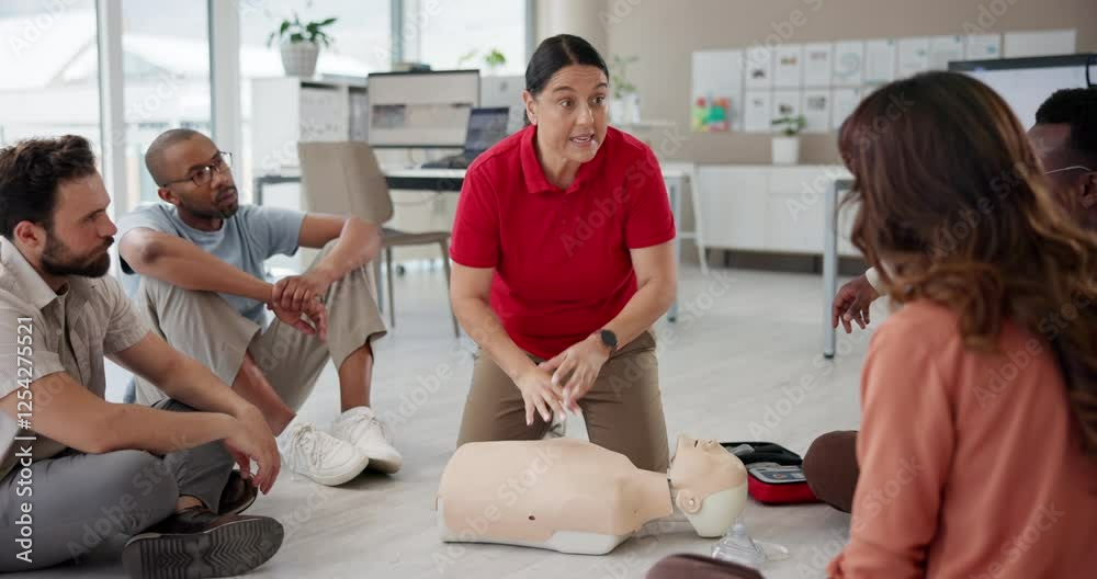 Cpr, first aid and teaching people in office, explain procedure and learning to help on dummy. Workplace, floor workshop and instructor speaking to group, medical support and paramedic coaching