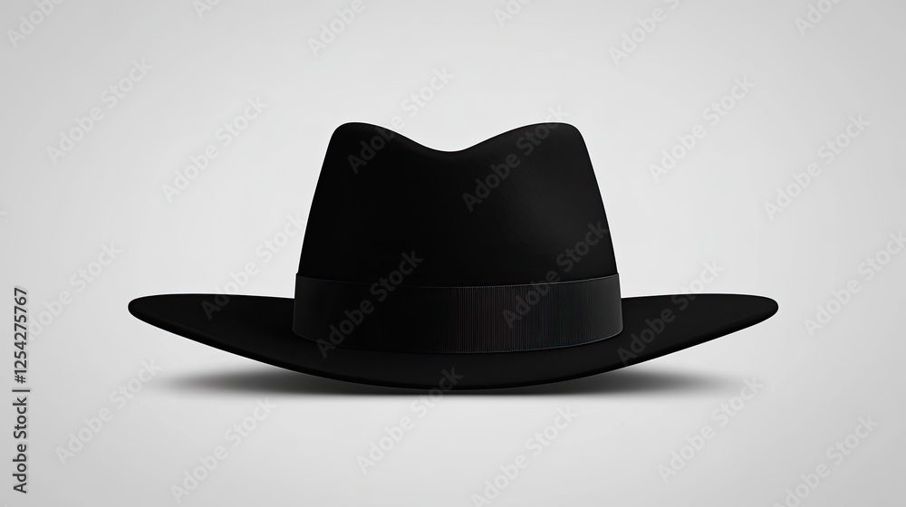 A sleek black cowboy hat displayed against a minimalistic grey background, emphasizing its shape and style A sleek black cowboy hat displayed against a minimalistic grey background, emphasizing its shape and style