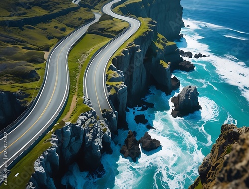 A breathtaking coastal highway carved into towering cliffs, offering sweeping ocean views and a serene escape for adventurous road trips.

 photo