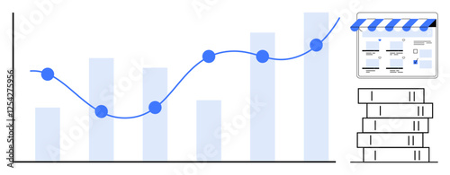 Blue line graph with bar chart trending upward. Includes storefront icon and data stacks. Ideal for business growth, marketing analysis, financial reports, ecommerce trends, data presentation