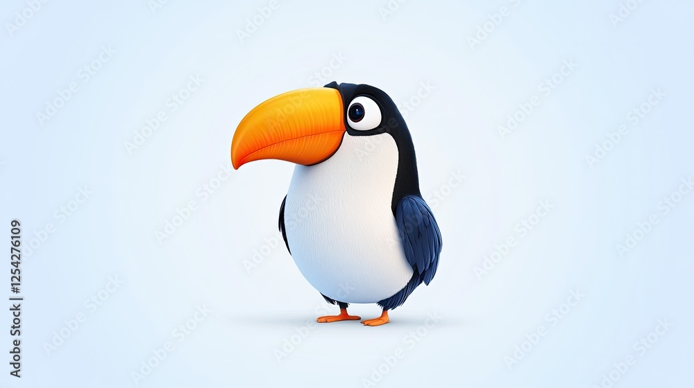 Fototapeta premium Colorful cartoon toucan character standing against a light blue background, vibrant and playful
