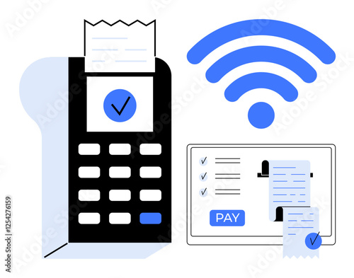 Card reader with a printed receipt and wireless signal indicating wireless payment. Tablet screen with pay button and receipts. Ideal for themes thumbs up digital payments, e-receipts, finance