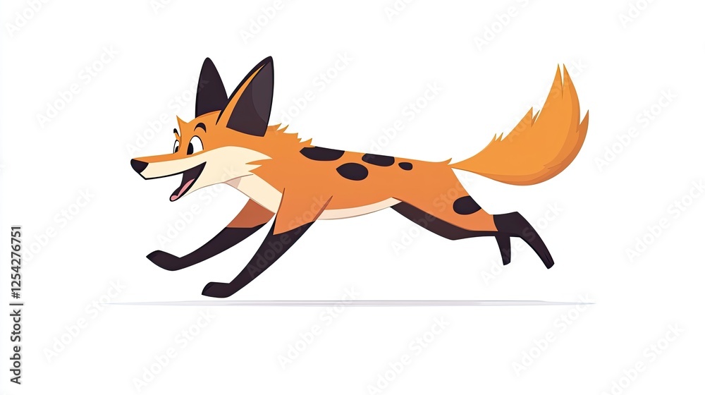 Obraz premium Playful cartoon fox running joyfully across a white background, showcasing vibrant colors