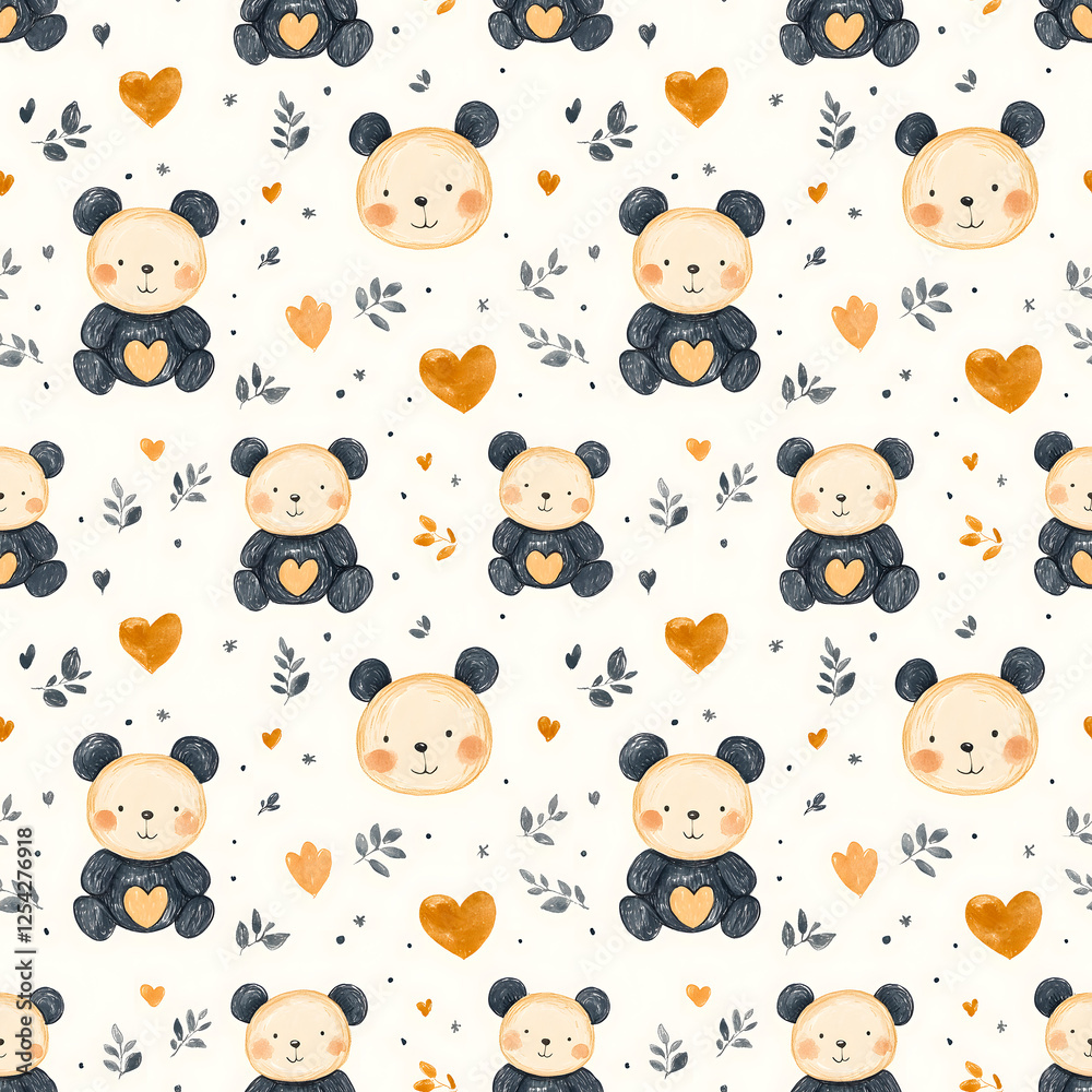 This charming seamless pattern features adorable pandas in a soft watercolor style, surrounded by delicate hearts, leaves, and tiny floral elements. This charming seamless pattern features adorable pandas in a soft watercolor style, surrounded by delicate hearts, leaves, and tiny floral elements.