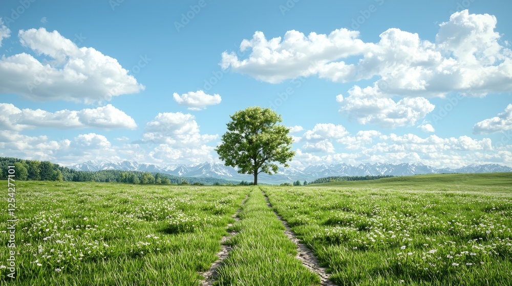 Lone tree in spring meadow, mountain backdrop, peaceful nature scene, ideal for travel brochures Lone tree in spring meadow, mountain backdrop, peaceful nature scene, ideal for travel brochures