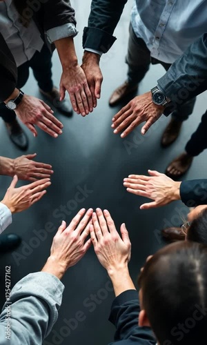 Diverse group of people joining hands together, symbolizing unity, teamwork, and collaboration.