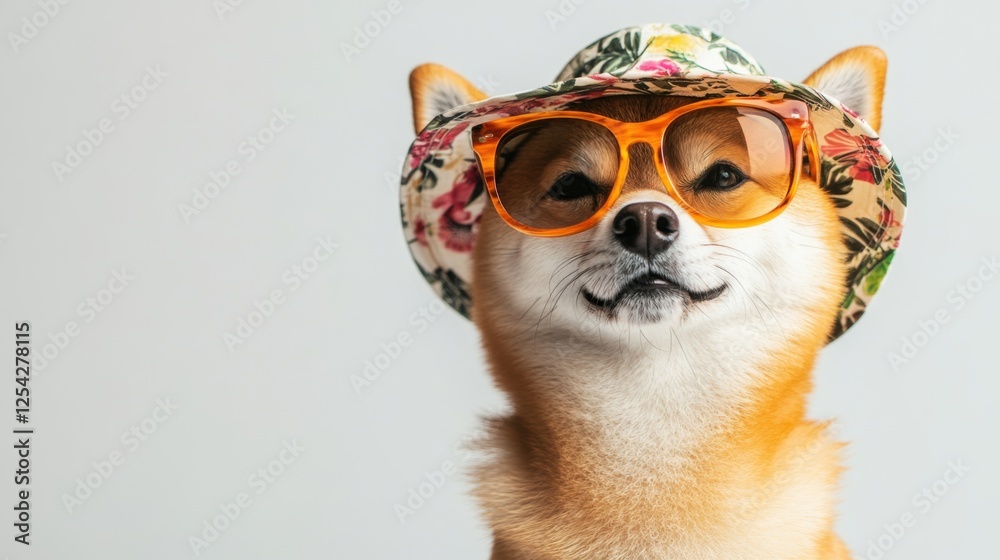 Stylish Dog with Sunglasses and Floral Hat Posing Against a Simple Background Stylish Dog with Sunglasses and Floral Hat Posing Against a Simple Background