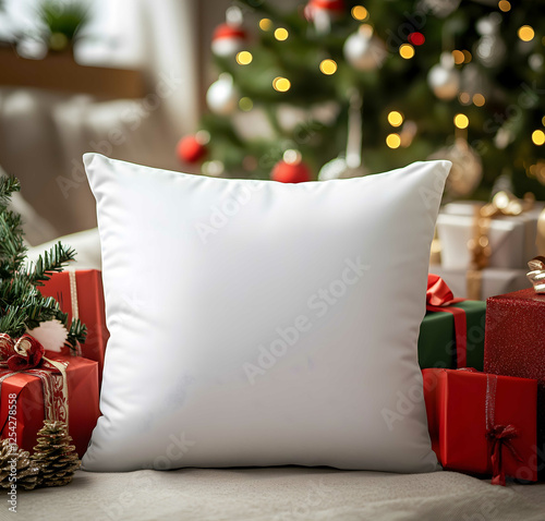 A white pillow with Christmas decorations on the background featuring dimensional multilayering ultrahigh definition details and highresolution highquality pro photo
