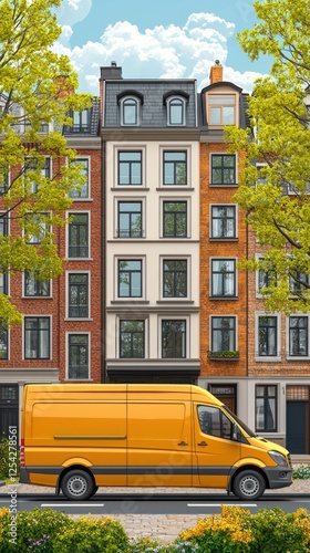 Orange van parked on a city street