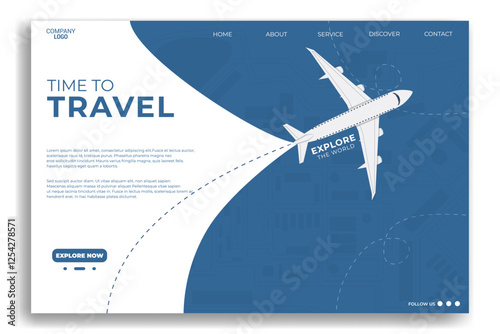 Landing page or web travel flat design template with airplane illustration. Perfect for airlines, travel agencies, and booking platforms. Clean, minimalist, and mobile friendly design.