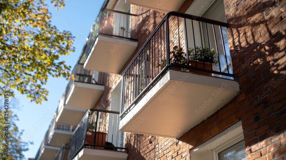 Fototapeta premium Sunny apartment balconies, brick building, autumn leaves. Real estate listing image