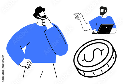 Businessman in blue shirt thinking, colleague pointing while using laptop, and large coin represents financial considerations. Ideal for business strategy, financial planning, teamwork