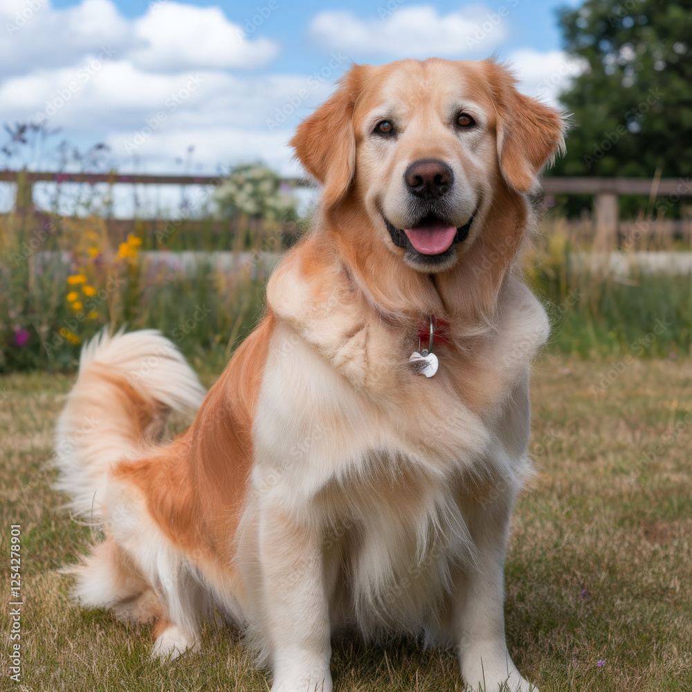 Adorable golden retriever with a red collar sitting in a lush green open field and blue sunny sky Adorable golden retriever with a red collar sitting in a lush green open field and blue sunny sky