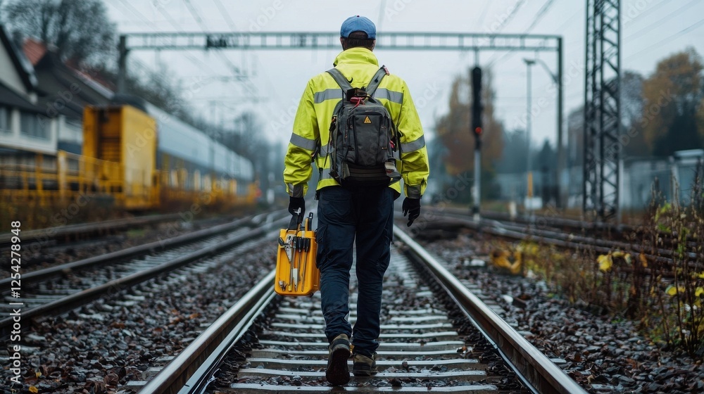Naklejka premium A man in a yellow jacket and a backpack is walking on railroad tracks