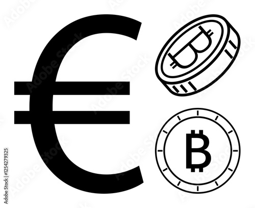 Euro symbol and two Bitcoin coins showcasing the intersection of traditional fiat currencies and cryptocurrency. Ideal for finance, banking, cryptocurrency, fintech, economy, investments, and digital