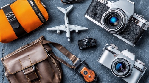 Travel accessories, vintage cameras, airplane model, flat lay, photographic equipment photo