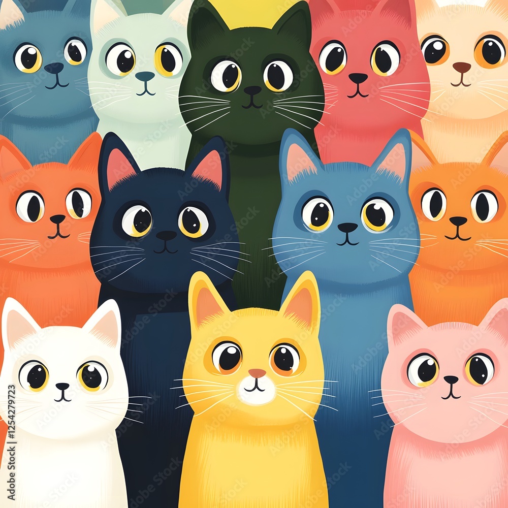 This charming digital illustration features a group of wide-eyed, colorful cats standing close together, creating an adorable and harmonious composition. This charming digital illustration features a group of wide-eyed, colorful cats standing close together, creating an adorable and harmonious composition.