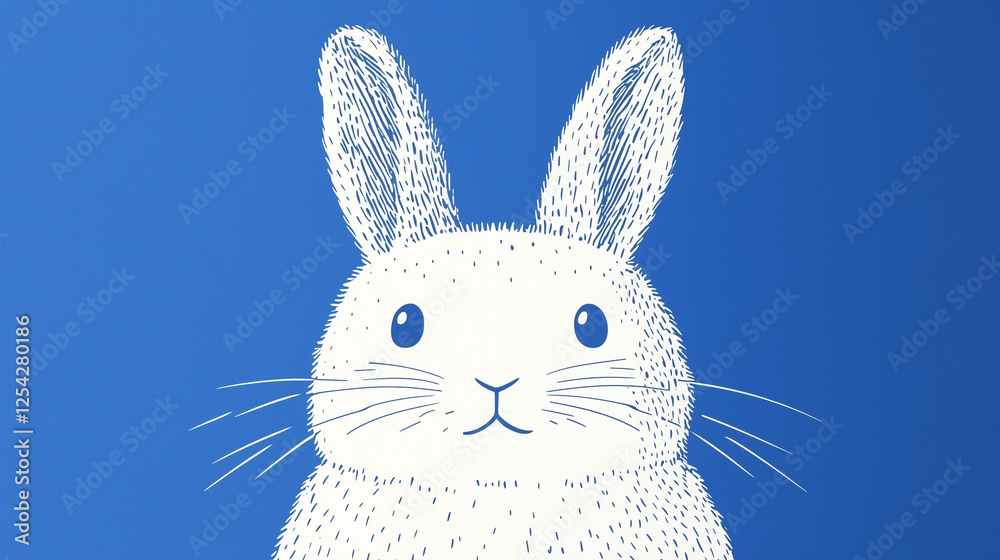 Fototapeta premium Minimalist white rabbit sitting peacefully against blue backdrop