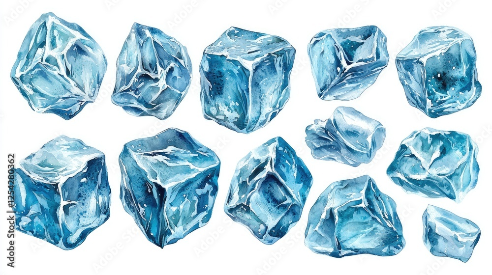 Naklejka premium Watercolor Painting of Various Ice Cubes