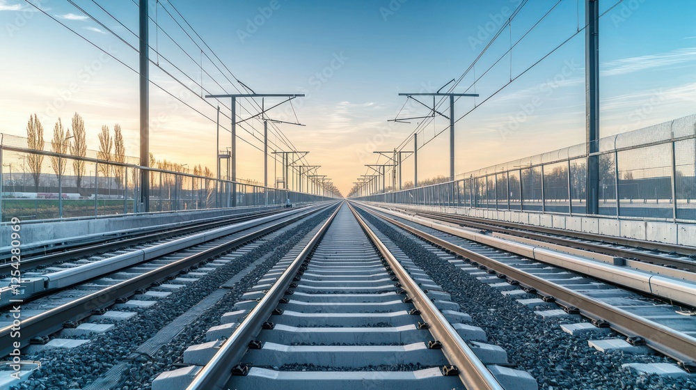 Empty Railroad Tracks Perspective At Sunrise Empty Railroad Tracks Perspective At Sunrise